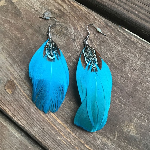 Turquoise Blue Pheasant Peacock Feather Earrings - Picture 1 of 3